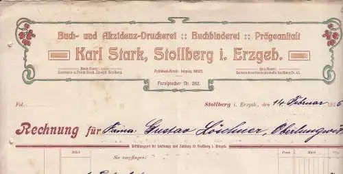 Litho Rechnung Buch & Alzidenz Druckerei Karl Stark Stollberg Ergebirge 1925 (D4