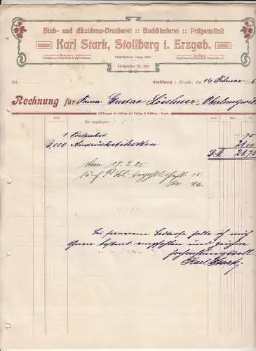 Litho Rechnung Buch & Alzidenz Druckerei Karl Stark Stollberg Ergebirge 1925 (D4