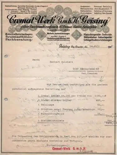 Geising Rechnung Cremat Werke Brutmaschinen Landwirtschaft 1920 Litho
