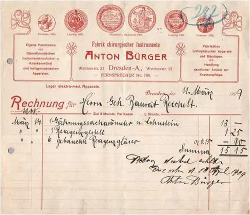 Dresden Litho Rechnung Anton Bürger Fabrik chirurgischer Instrumente 1909
