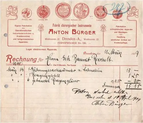Dresden Litho Rechnung Anton Bürger Fabrik chirurgischer Instrumente 1909 