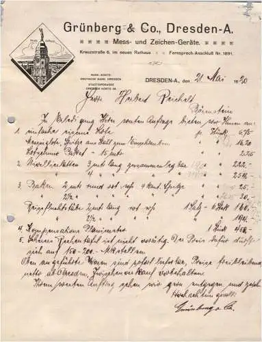 Dresden Rechnung Grünberg und Co Messgeräte Zeichengeräte 1920 