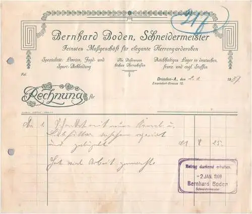 Alte Rechnung Bernhard Boden Schneidermeister Maßgeschäft Dresden Altstadt 1907