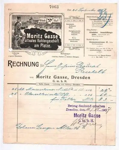 Litho Rechnung Dresden Moritz Gasse Kohlengeschäft 1907 Bergmann 