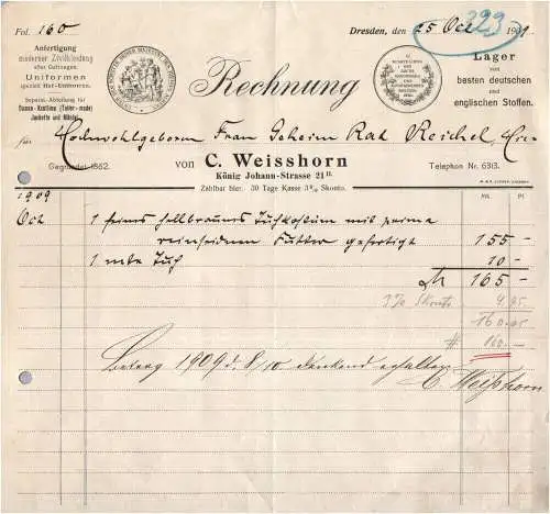 Uniformen Rechnung Dresden Weisshorn 1909 Dokument