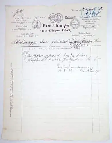 Rechnung Ernst Lange Reise Effekten Fabrik Dresden 1909 