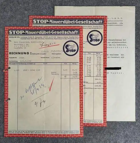 2 alte Rechnungen von 1939 mit Dokument Info Stopdübel Berlin