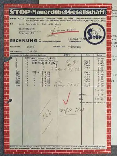 2 alte Rechnungen von 1939 mit Dokument Info Stopdübel Berlin