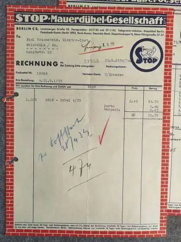 2 alte Rechnungen von 1939 mit Dokument Info Stopdübel Berlin
