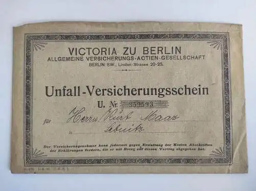 Victoria zu Berlin alter Unfall Versicherungsschein 1921