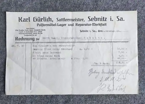 Sattlermeister Sebnitz Rechnung 1925 altes Dokument