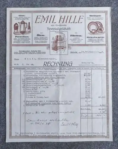 Emil Hille Ofensetzmeister Spezialgeschäft Rechnung 1928
