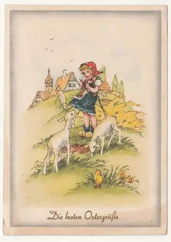 Künstler Ak Mädchen hütet Schafe DDR 1951 Ostern Ostergruß (A2620