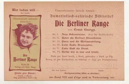 Reklame Ak Bücher-Zettel Die Berliner Range Ernst Georgy um 1910 ! (A2515