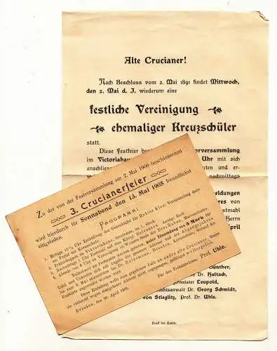 Aufruf u Programm Ak Crucianerfeier 1891 u 1905 Studentika Dresden Kreuzschule