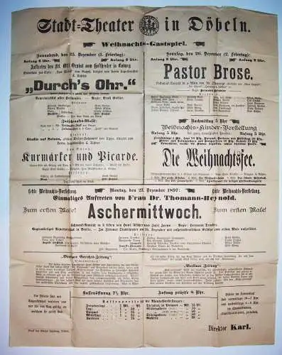 Aushang Plakat Stadttheater Döbeln 1897 Die Weihnachtsfee Aschermittwoch ! (D