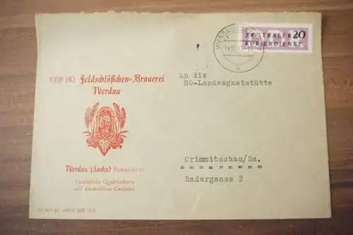 ZKD Brief Feldschlösschen Brauerei Werdau Sachsen DDR 1956