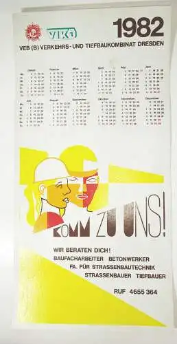 DDR Kalender 1982 VEB Verkehrs und Tiefbau Kombinat Dresden Reklame