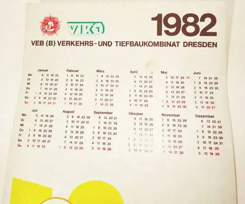 DDR Kalender 1982 VEB Verkehrs und Tiefbau Kombinat Dresden Reklame