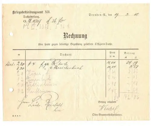 Rechnung Kriegsbekleidungsamt XII Dresden N 1918 Militär 1 Wk