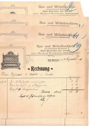 Litho Rechnung Bau Möbeltischlerei Bärenstein Richard Naumann 5 Stück 1910