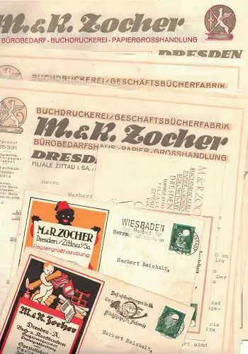 Konvolut Zocher Bürobedarf Papiere Buchdruckerei Dresden Karten Rechnungen