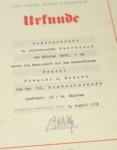 Urkunde GST Lager Junge Patrioten militärischer Wehrkampf Mädchen 1963 Tambach-D