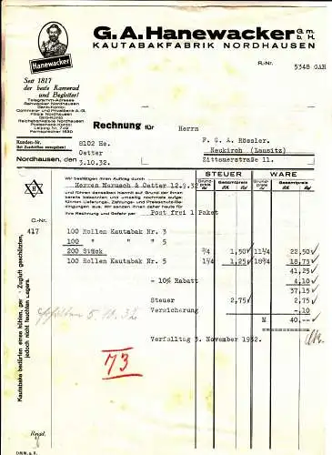 Werbe Briefkopf Hanewacker Kautabak Fabrik Nordhausen 1932 