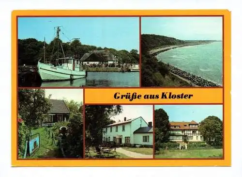 Ak Grüße aus Kloster 1988 Hiddensee Hafen Steinwall Kapitänshaus DDR