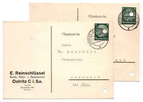 2 x Postkarte Ostritz Reinschlüssel Korbwaren Spielwaren 1940