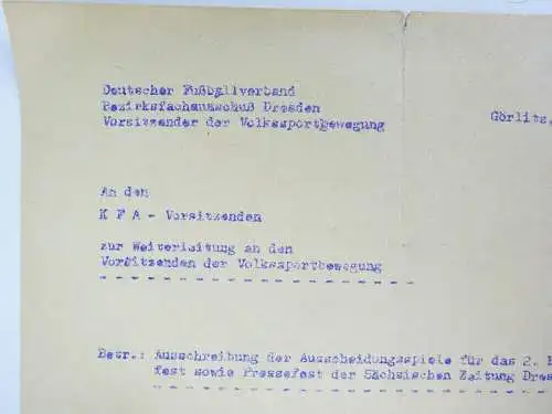 Dokument Deutscher Fussballverband Görlitz 1962 Sportfest Teilnehmer DDR 