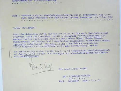 Dokument Deutscher Fussballverband Görlitz 1962 Sportfest Teilnehmer DDR 