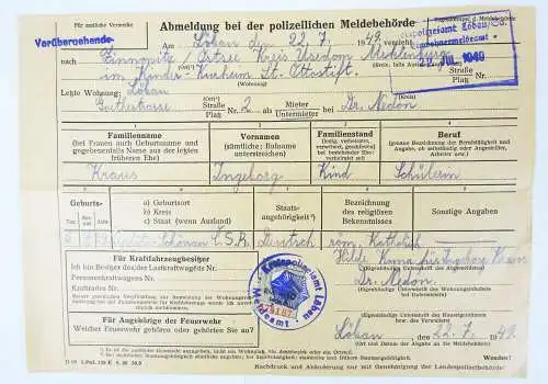 Dokument Abmeldung bei Polizei Meldebehörde Gebührenmarke 1949 Löbau