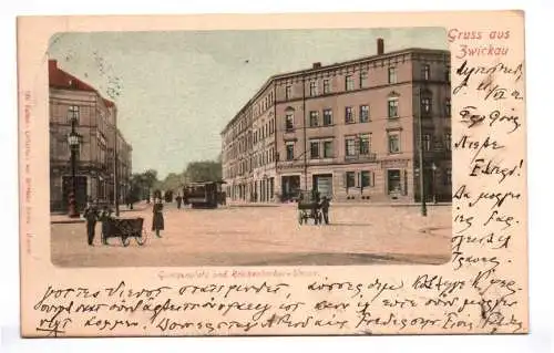 Litho Ak Gruss aus Zwickau Georgenplatz und Reichenbacher Strasse 1902 Bahnpost