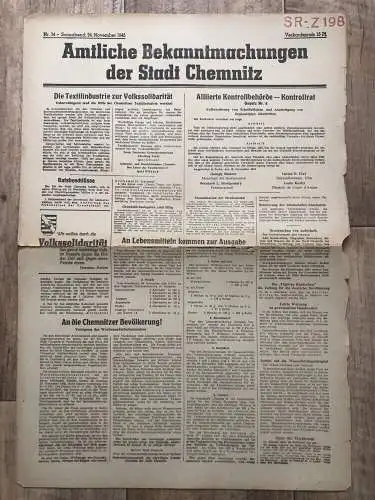 Zeitung Blatt 1945 Chemnitz Textilindustrie Volkssolidarität Alliierte