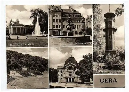 Ak Gera Park der Opfer des Faschismus Simsonbrunnen am Markt Stadion Gladitschtu