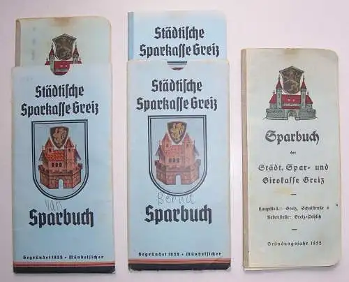 3 x Sparbuch Städtische Sparkasse Greiz bis 1946 ! (H2