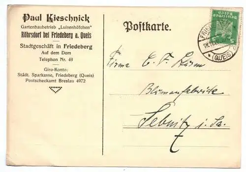 Postkarte Paul Kieschnick Röhrsdorf bei Friedeberg Queis Gartenbau Schlesien
