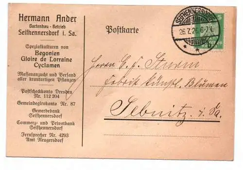 Firmen Postkarte Seifhennersdorf Hermann Ander Gartenbau Betrieb 1925 Stempel