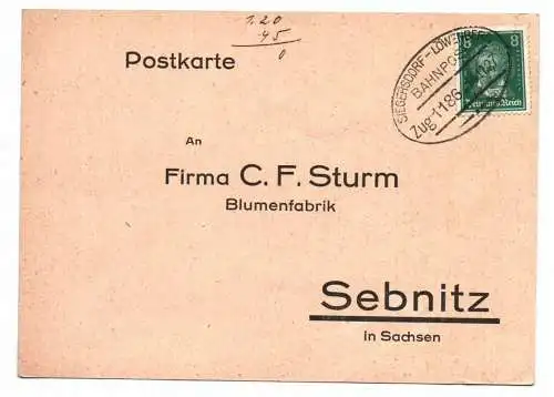 Postkarte Bahnpost Stempel Siegersdorf nach Löwenberg Zug 1186 toller Abschlag