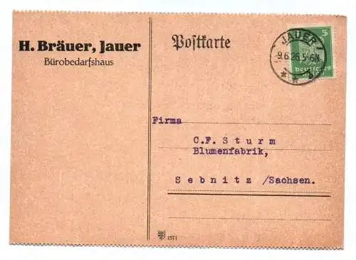 Reklame Postkarte Bräuer Bürobedarfshaus 1926 Jauer Schlesien