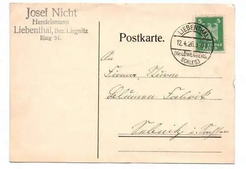 Postkarte Josef Nicht Handelsmann Liebenthal Bezirk Liegnitz Schlesien