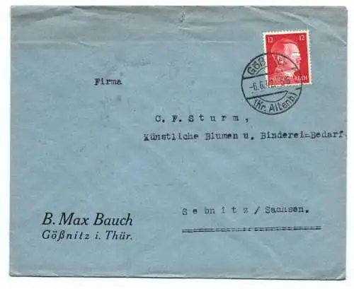 Brief Bauch Gößnitz Thüringen 1942 Fleurop Vignette