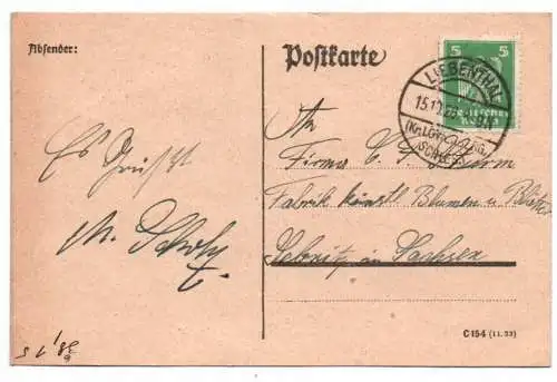 Postkarte mit Stempel Liebenthal Kreis Löwenberg Schlesien