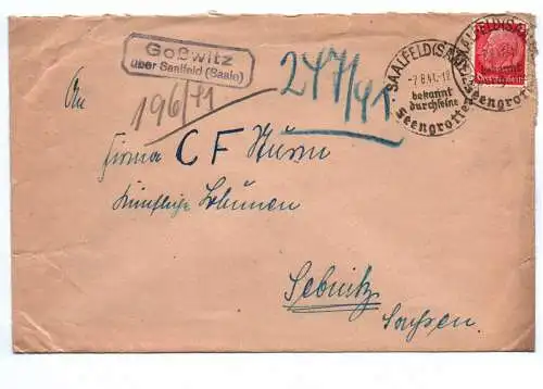 Alter Brief mit Stempel Goßwitz über Saalfeld Saale 1941