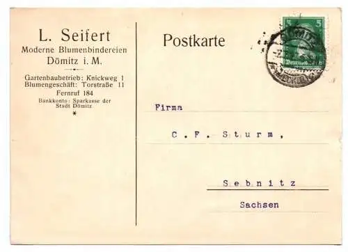 Postkarte Seifert Blumenbinderei Dömitz Mecklenburg 1927 Werbung