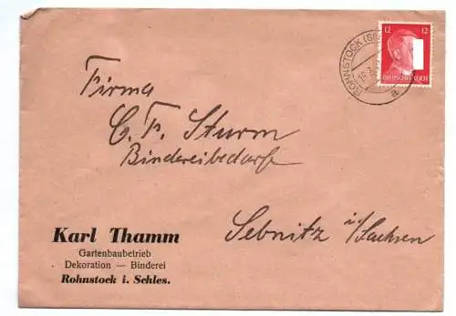 Firmen Brief Karl Thamm Gartenbau Betrieb Rohnstock in Schlesien Roztoka