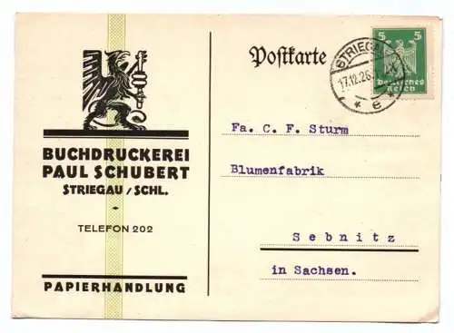 Postkarte Striegau Schlesien Buchdruckerei Paul Schubert 1926 Strzegom