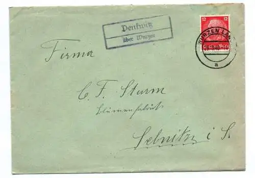 Brief mit Stempel Denkwitz über Wurzen 1940