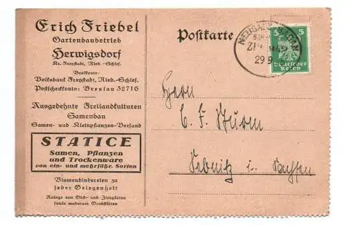 Postkarte Erich Friebel Herwigsdorf Freystadt Niederschlesien 1925 Bahnpost